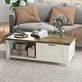 Farmhouse Coffee Table with Storage Drawer & Open Shelves – Rustic Barn Door Living Room Center Table, White & Brown