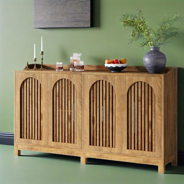 57" Farmhouse Sideboard Buffet Cabinet with 4 Doors, Adjustable Shelves, Large Storage Cabinet, Wood Console Table for Kitchen, Dining Room, Living Room, Entryway & Coffee Bar, Oak Finish
