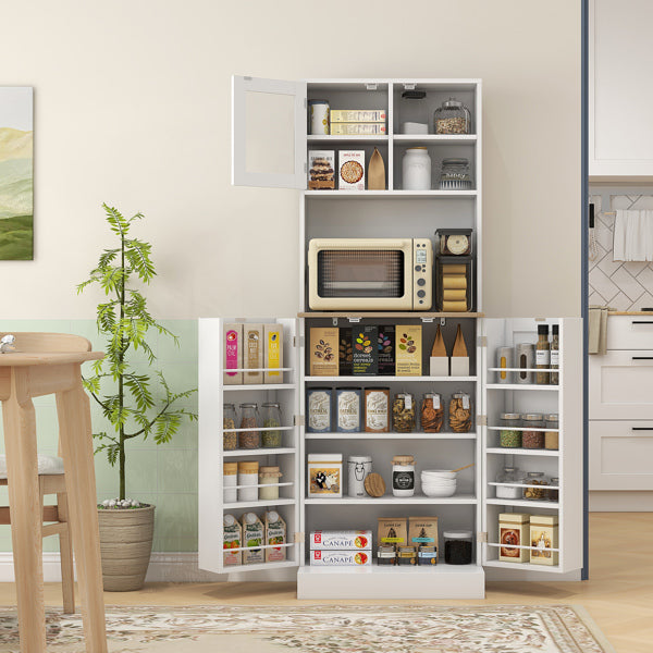72" Kitchen Pantry Storage Cabinet with Glass Doors, Adjustable Shelves, 8 Spice Racks & Microwave Countertop – Freestanding Kitchen Organizer for Small Spaces, White & Natural Wood