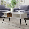 Modern White Coffee Table for Living Room, 44" Mid-Century Center Table with Storage Drawer, Open Shelves, Wood Accent Front & Black Metal Legs