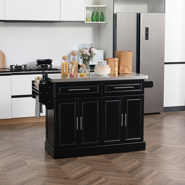 Kitchen Island Cart with Stainless Steel Top – Rolling Storage Cabinet with Drawers, Adjustable Shelves, Spice Rack, Towel Bar, Charcoal Black