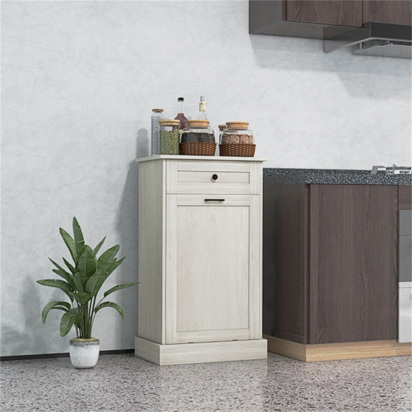 Kitchen Trash Bin Cabinet with Tilt-Out Door & Storage Drawer – Freestanding Garbage Can Holder & Laundry Hamper, White & Oak Wood Grain
