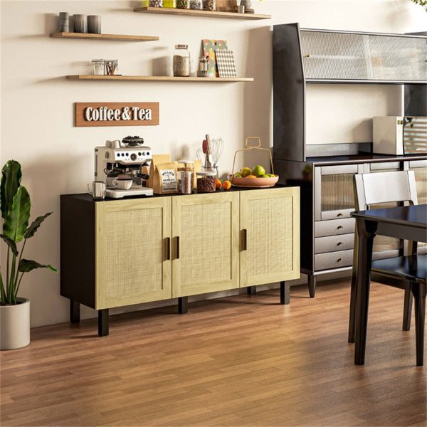 Rattan Sideboard Buffet Cabinet – 3 Door Storage Cabinet for Kitchen, Entryway Console, Dining Room & Living Room